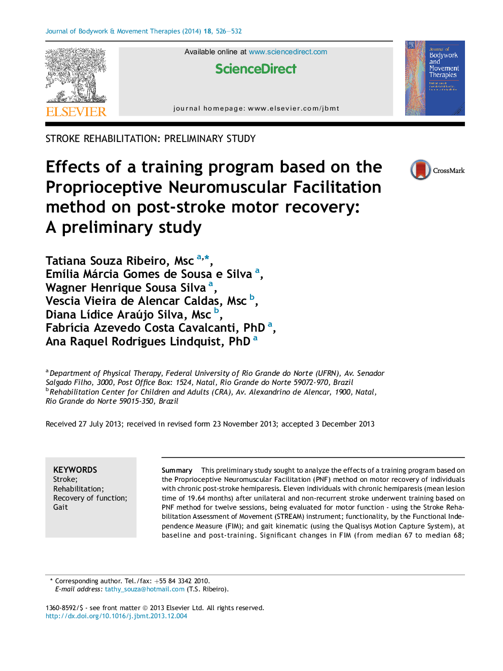 Effects of a training program based on the Proprioceptive Neuromuscular Facilitation method on post-stroke motor recovery: A preliminary study