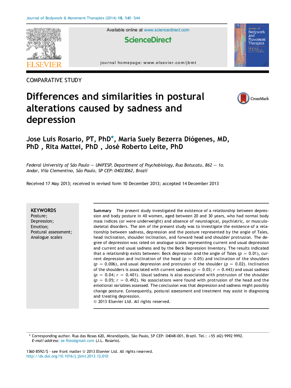 Differences and similarities in postural alterations caused by sadness and depression