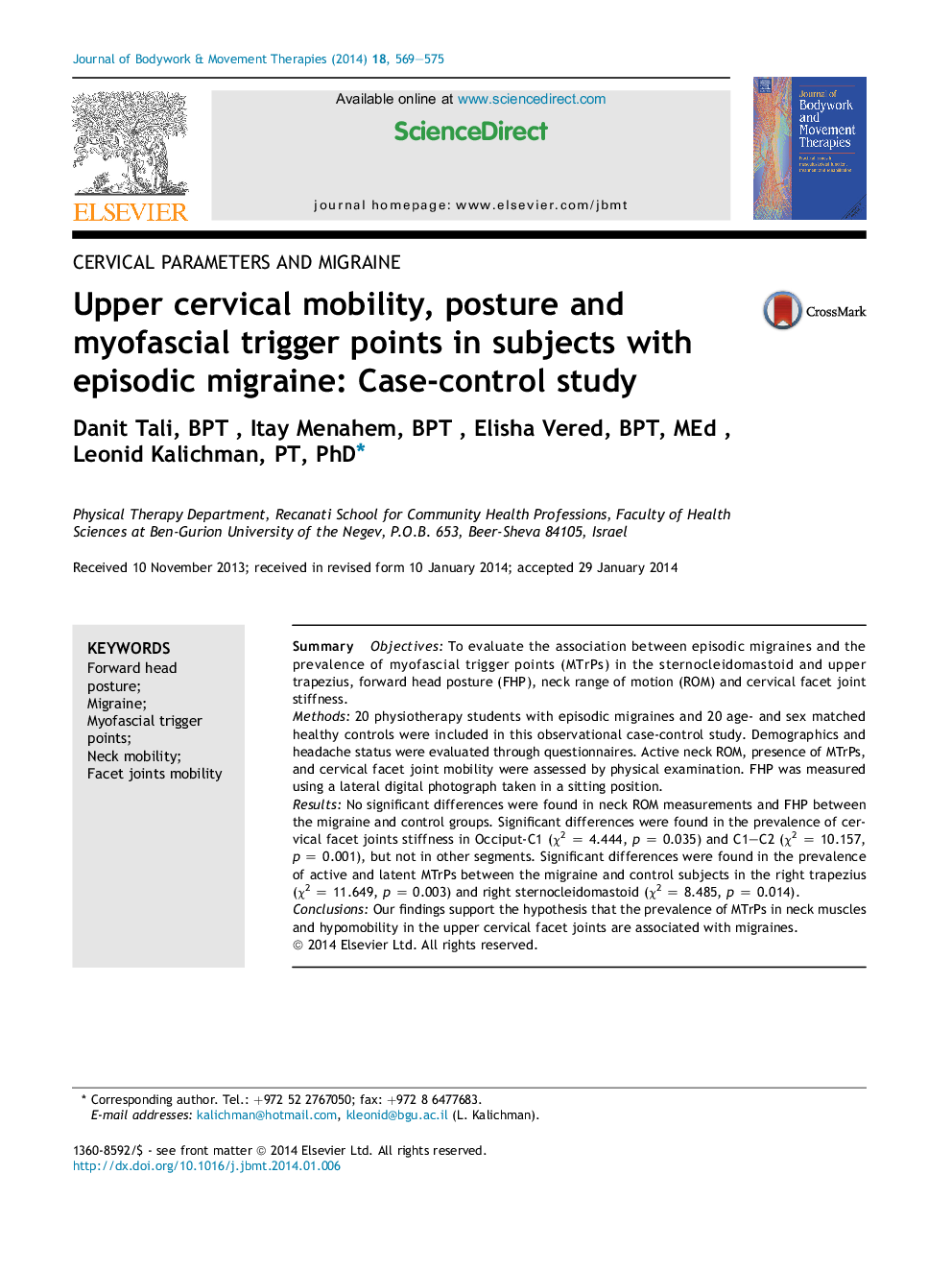 Upper cervical mobility, posture and myofascial trigger points in subjects with episodic migraine: Case-control study