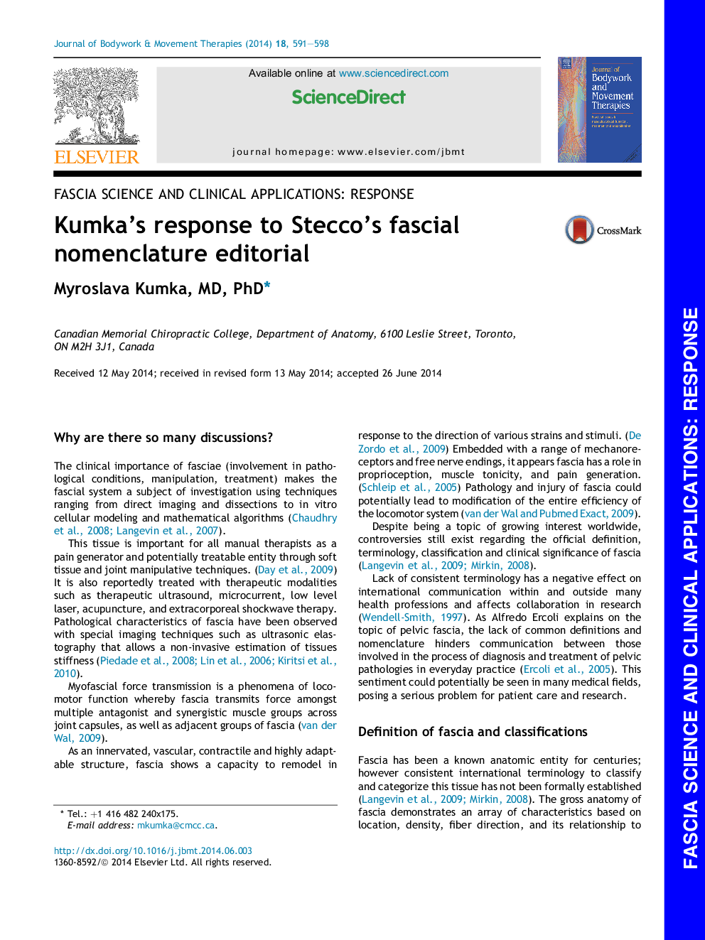 Kumka's response to Stecco's fascial nomenclature editorial