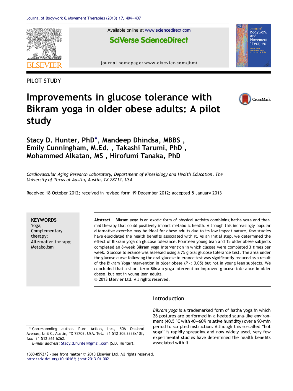 Improvements in glucose tolerance with Bikram yoga in older obese adults: A pilot study