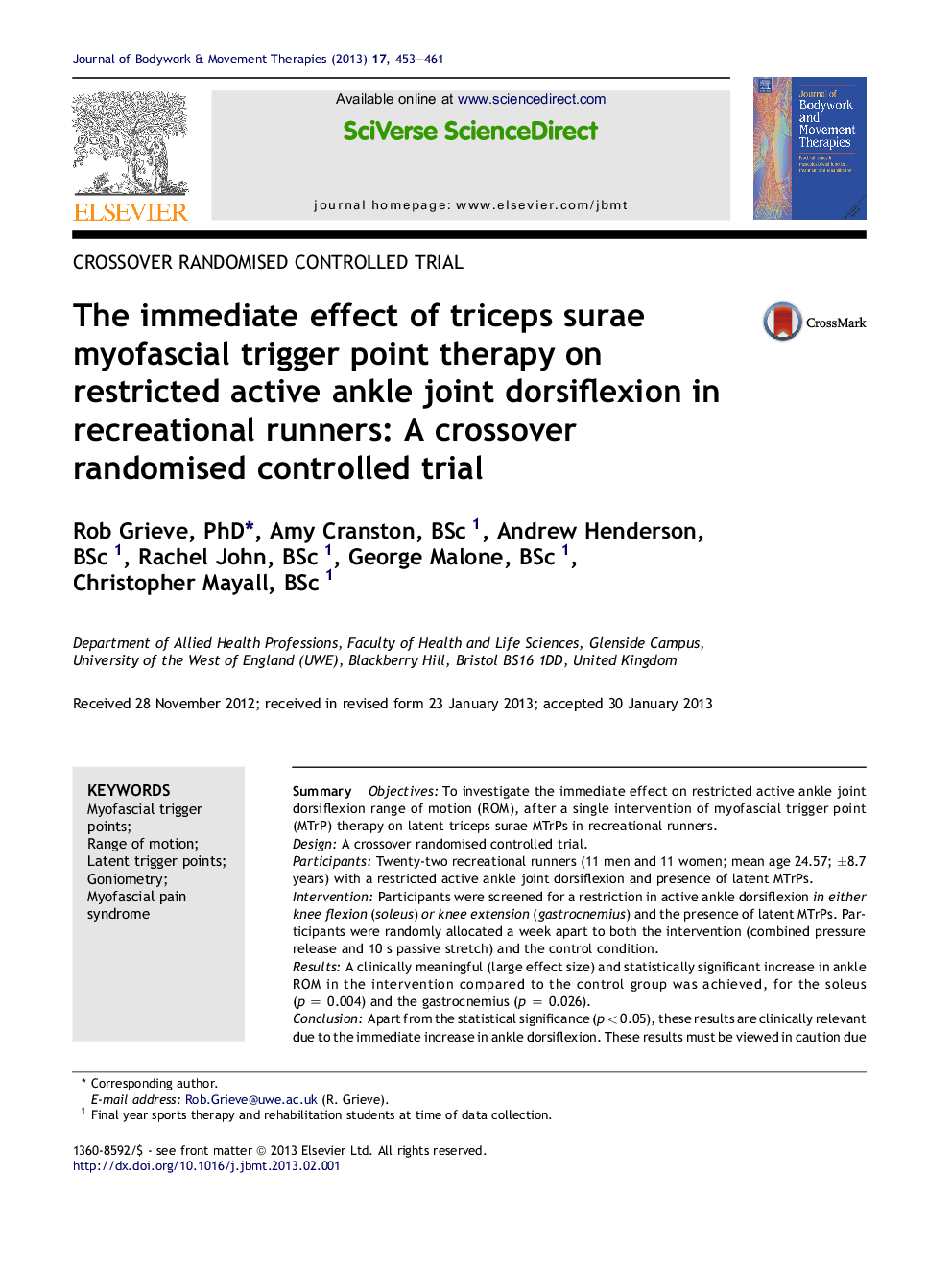 The immediate effect of triceps surae myofascial trigger point therapy on restricted active ankle joint dorsiflexion in recreational runners: A crossover randomised controlled trial