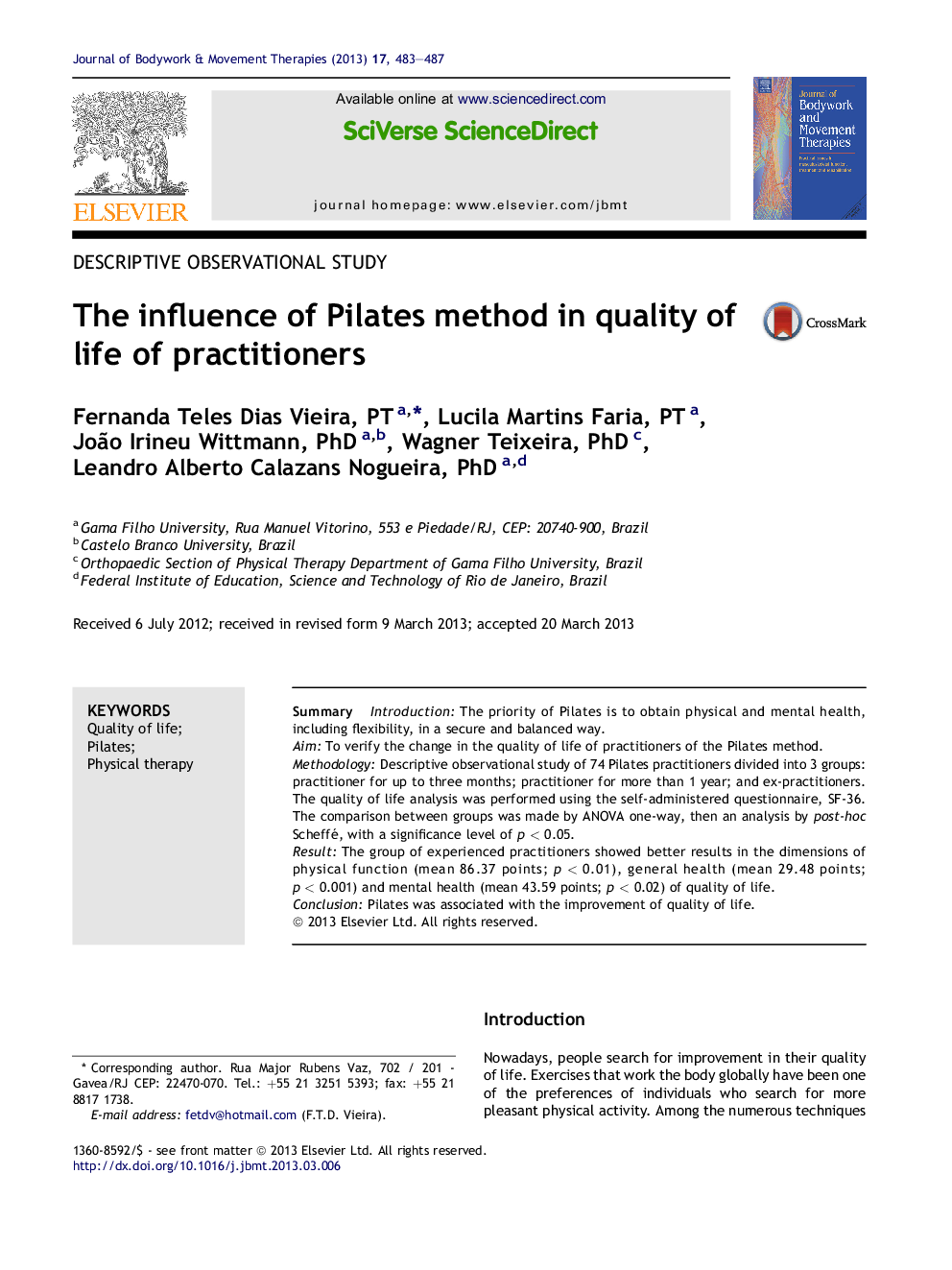 The influence of Pilates method in quality of life of practitioners