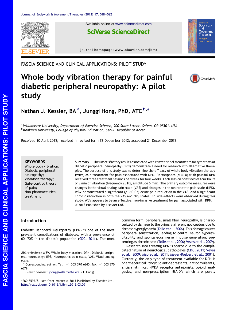 Whole body vibration therapy for painful diabetic peripheral neuropathy: A pilot study