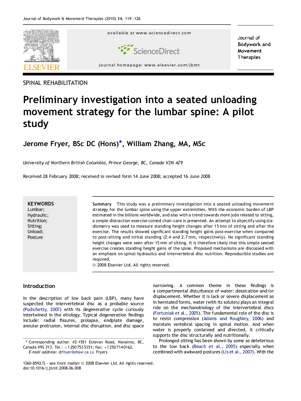 Preliminary investigation into a seated unloading movement strategy for the lumbar spine: A pilot study