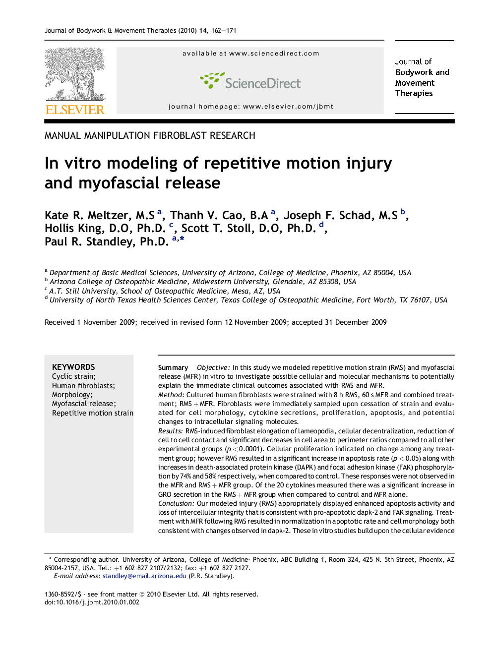 In vitro modeling of repetitive motion injury and myofascial release