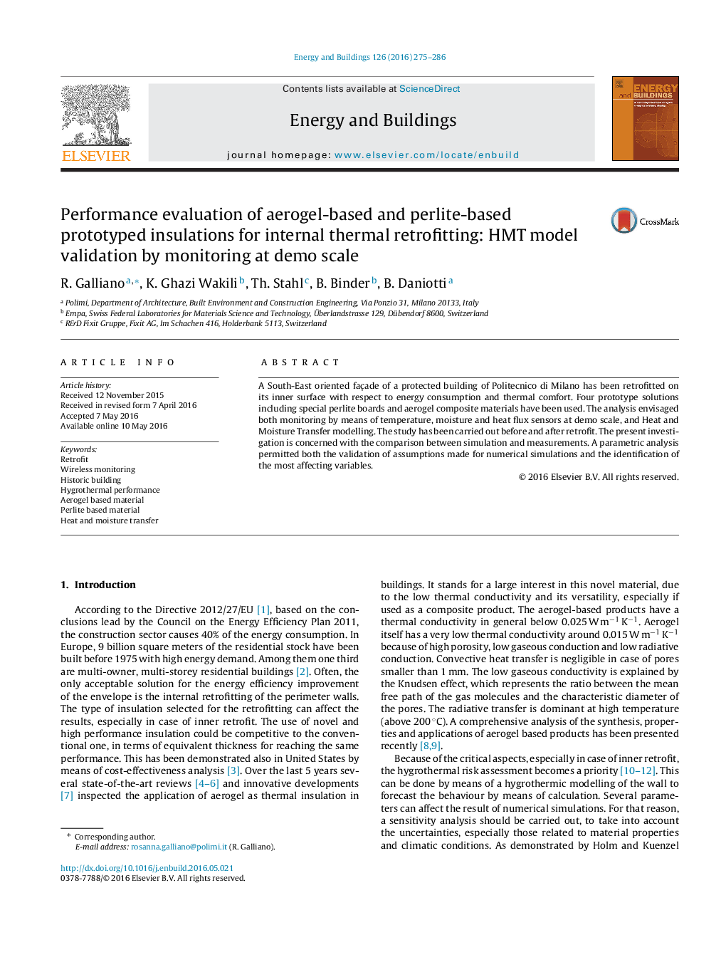 Performance evaluation of aerogel-based and perlite-based prototyped insulations for internal thermal retrofitting: HMT model validation by monitoring at demo scale