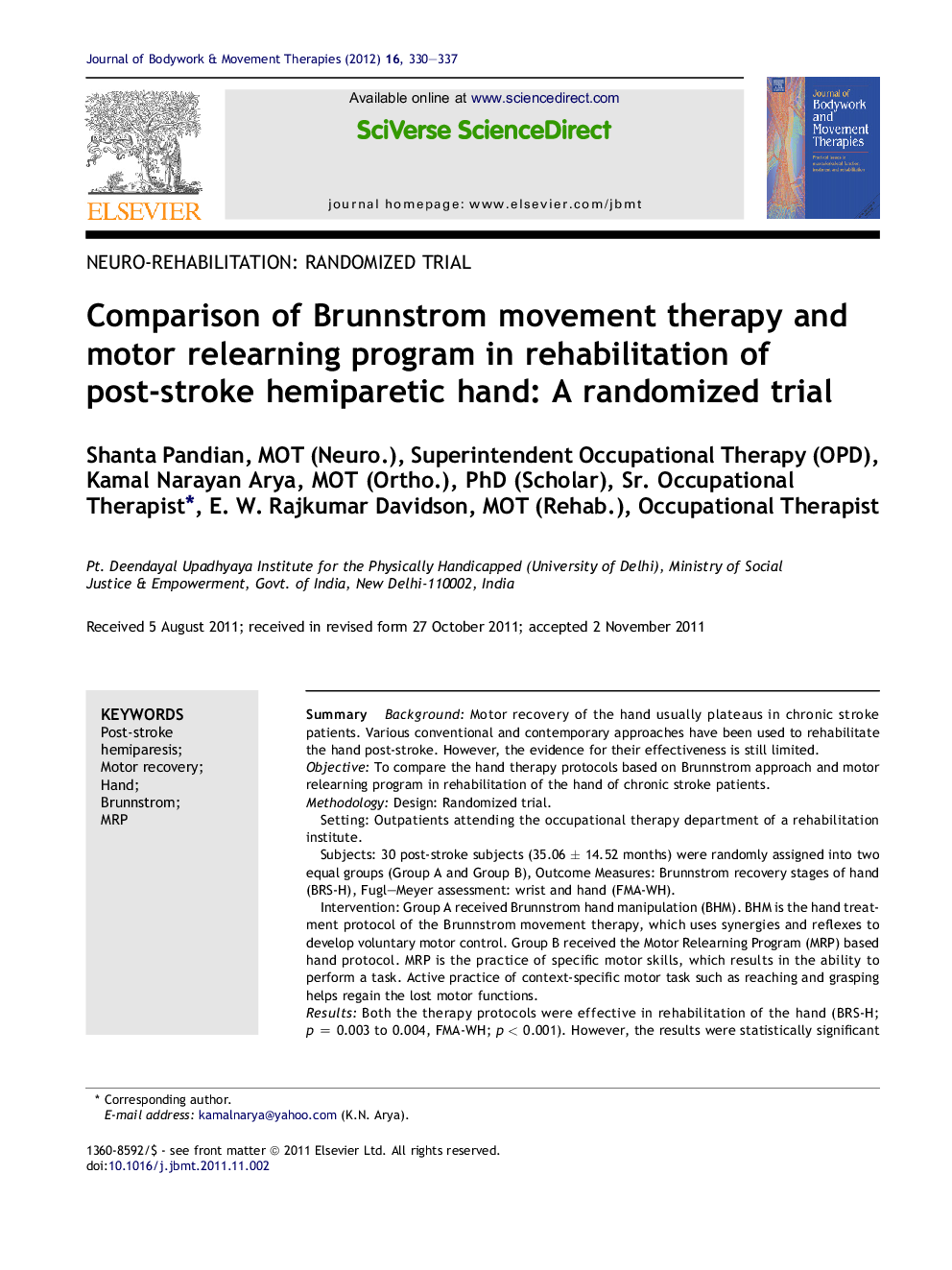 Comparison of Brunnstrom movement therapy and motor relearning program in rehabilitation of post-stroke hemiparetic hand: A randomized trial