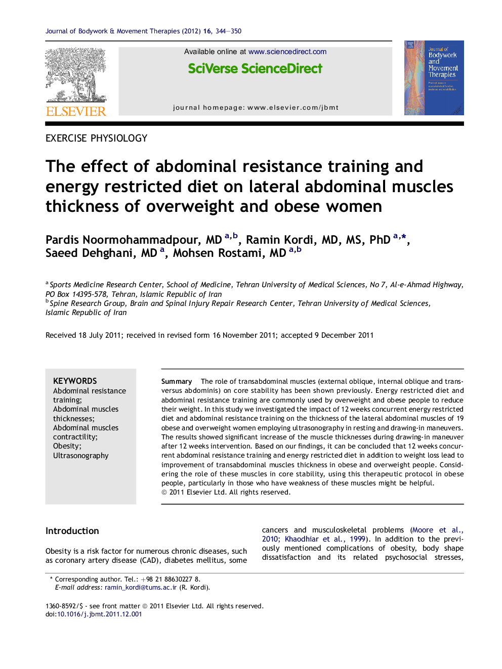 The effect of abdominal resistance training and energy restricted diet on lateral abdominal muscles thickness of overweight and obese women