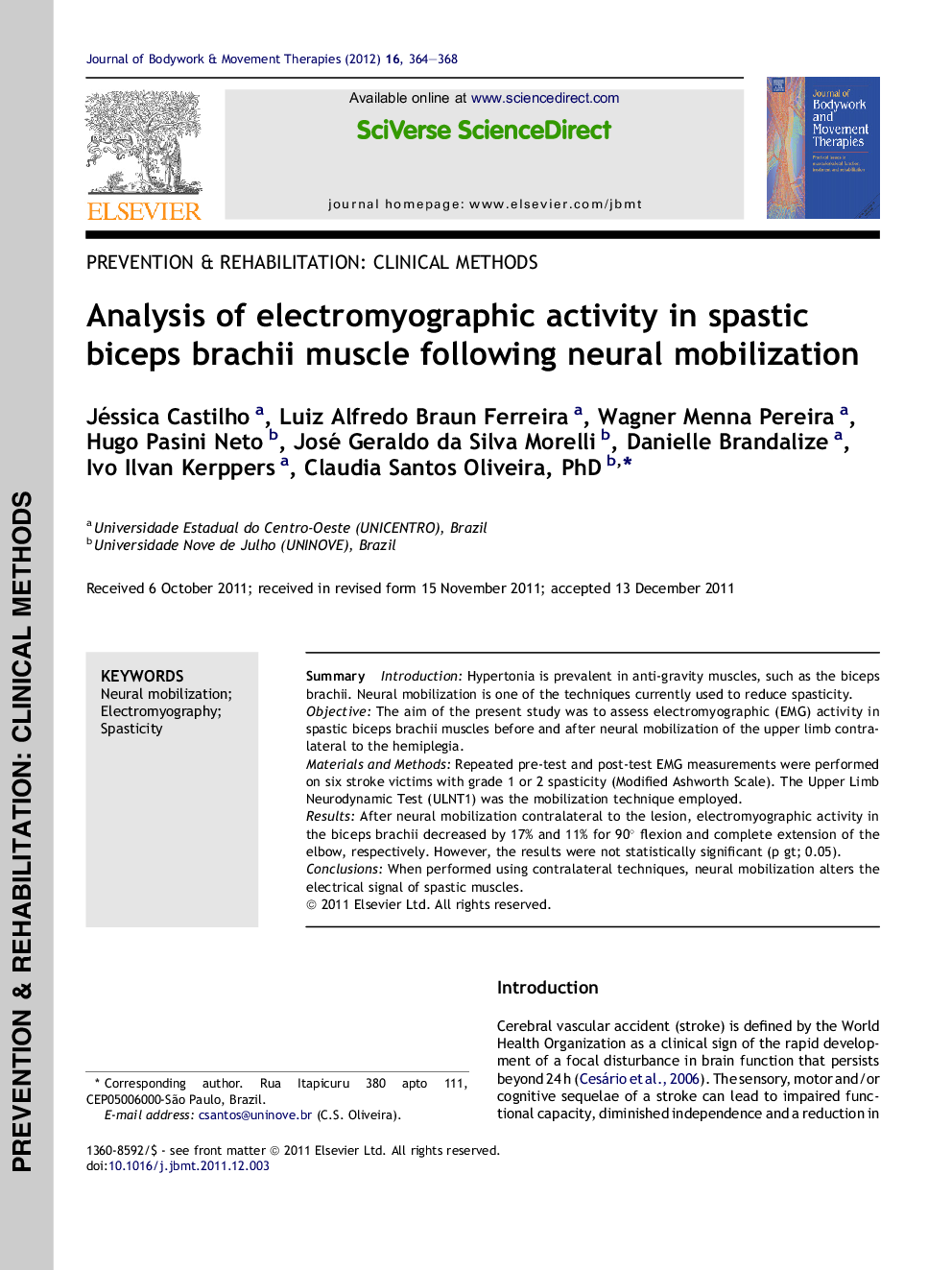 Analysis of electromyographic activity in spastic biceps brachii muscle following neural mobilization