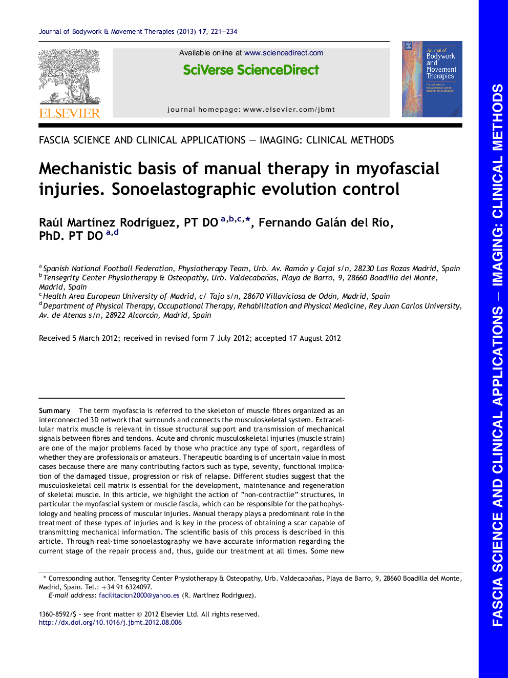 Mechanistic basis of manual therapy in myofascial injuries. Sonoelastographic evolution control