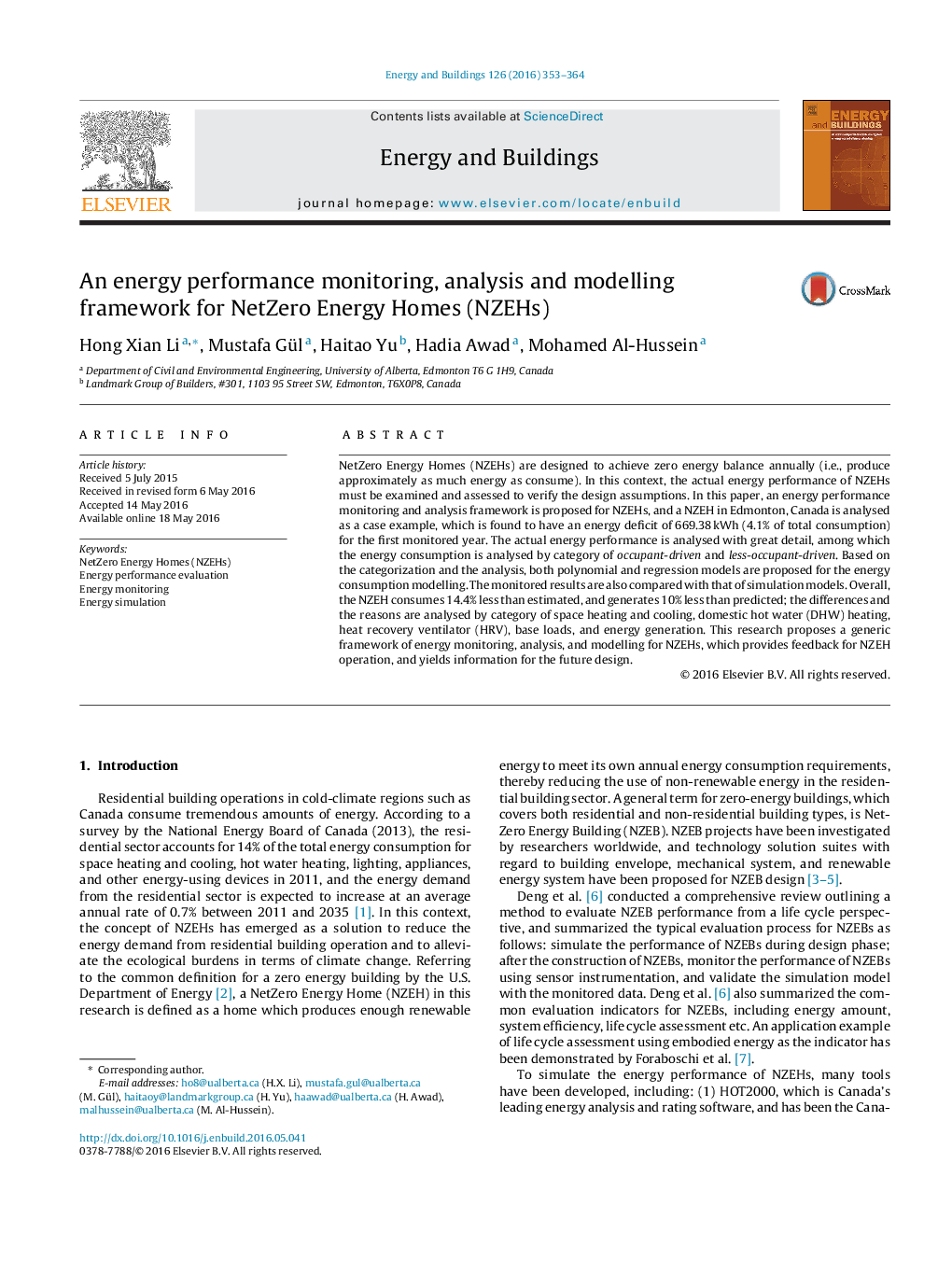 An energy performance monitoring, analysis and modelling framework for NetZero Energy Homes (NZEHs)