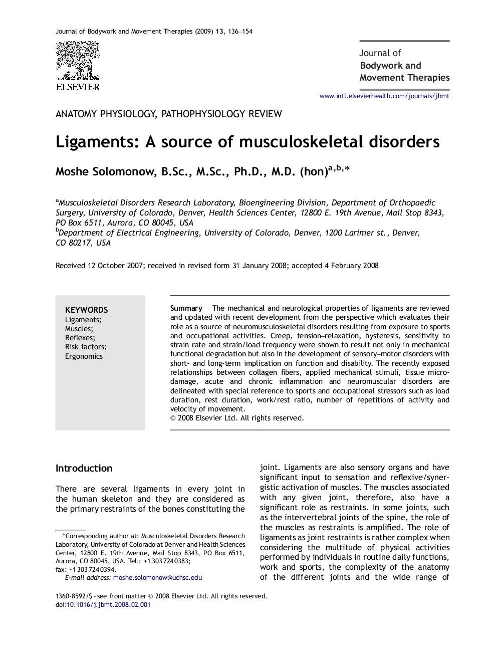 Ligaments: A source of musculoskeletal disorders