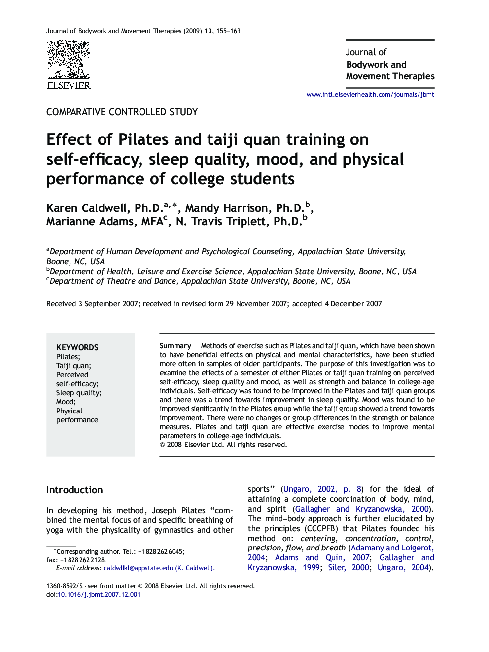 Effect of Pilates and taiji quan training on self-efficacy, sleep quality, mood, and physical performance of college students