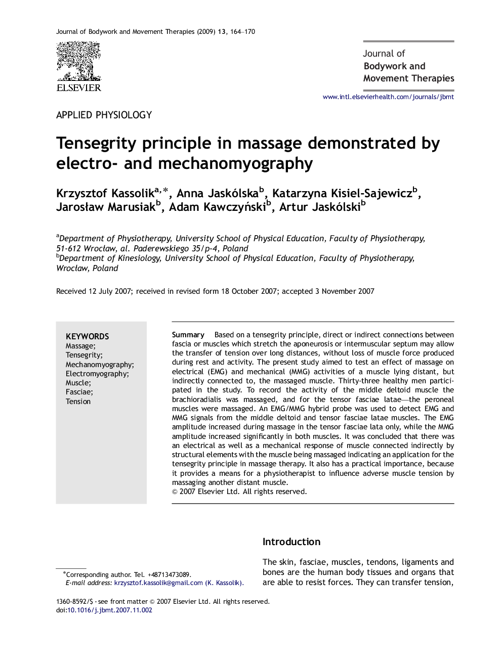 Tensegrity principle in massage demonstrated by electro- and mechanomyography