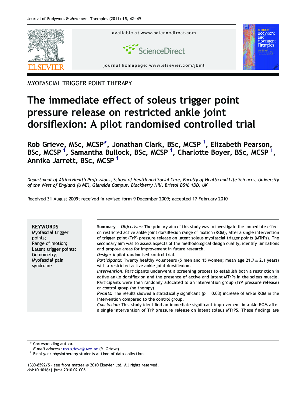 The immediate effect of soleus trigger point pressure release on restricted ankle joint dorsiflexion: A pilot randomised controlled trial