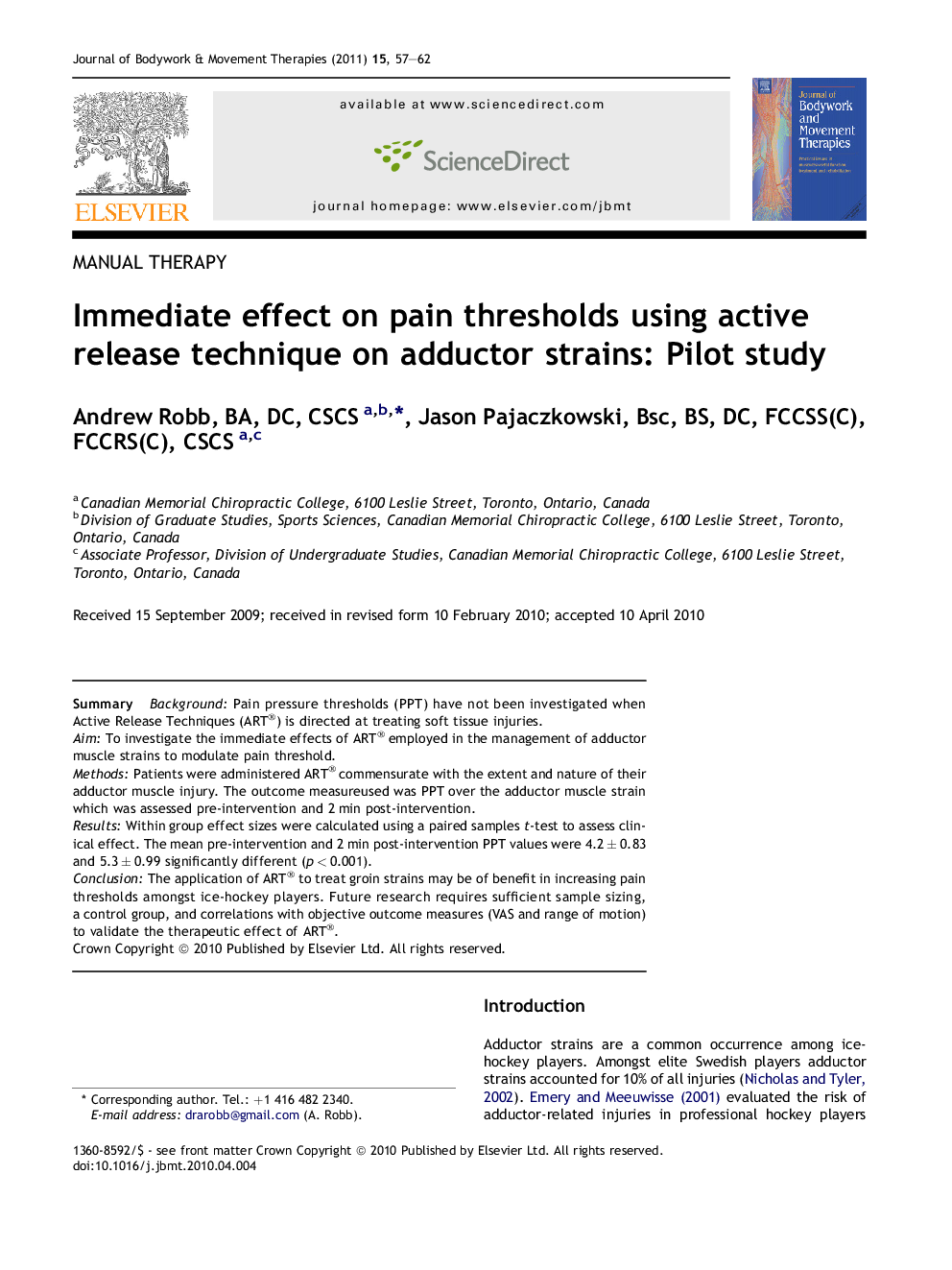 Immediate effect on pain thresholds using active release technique on adductor strains: Pilot study