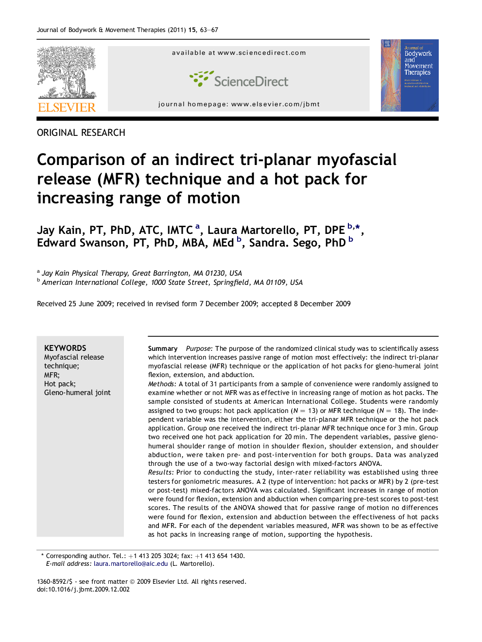 Comparison of an indirect tri-planar myofascial release (MFR) technique and a hot pack for increasing range of motion