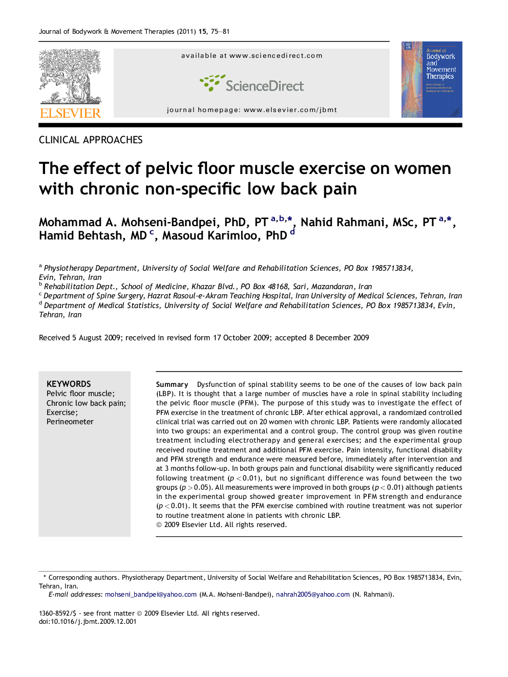 The effect of pelvic floor muscle exercise on women with chronic non-specific low back pain