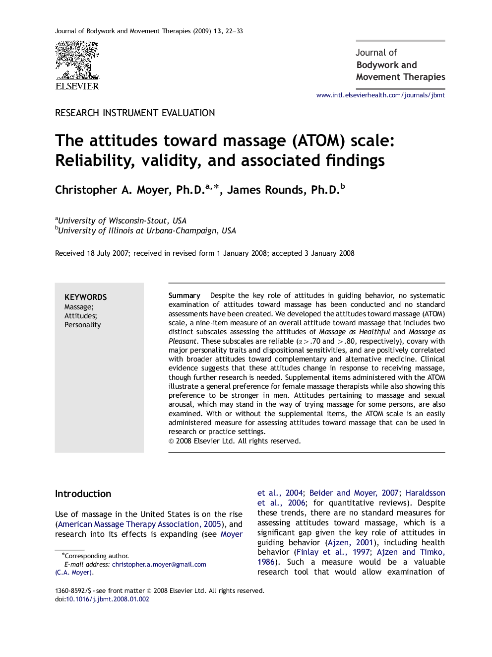 The attitudes toward massage (ATOM) scale: Reliability, validity, and associated findings