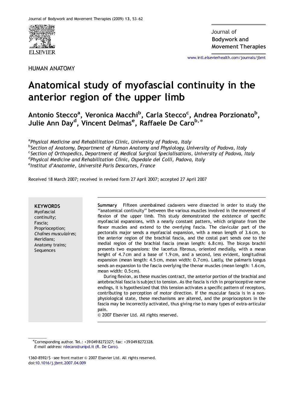 Anatomical study of myofascial continuity in the anterior region of the upper limb