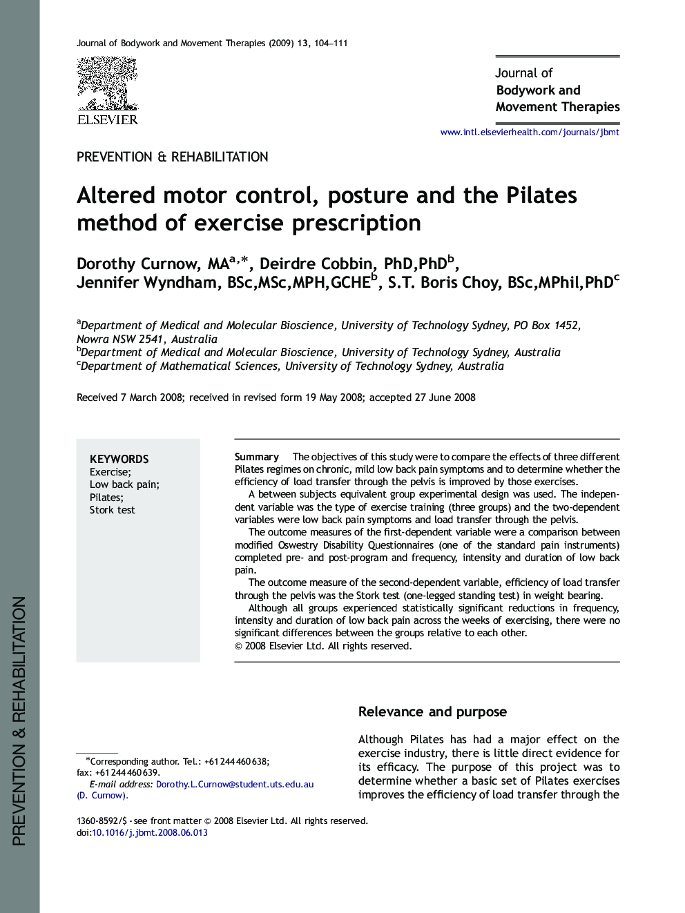 Altered motor control, posture and the Pilates method of exercise prescription