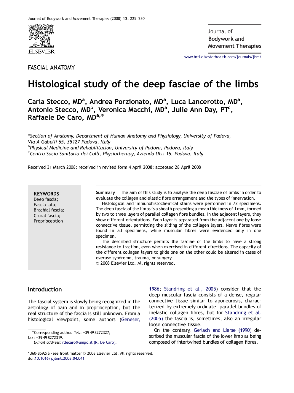 Histological study of the deep fasciae of the limbs