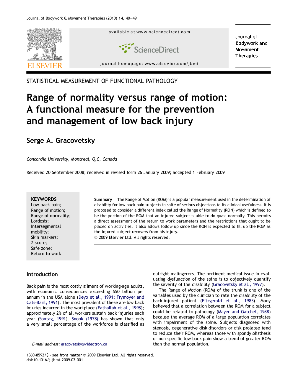 Range of normality versus range of motion: A functional measure for the prevention and management of low back injury