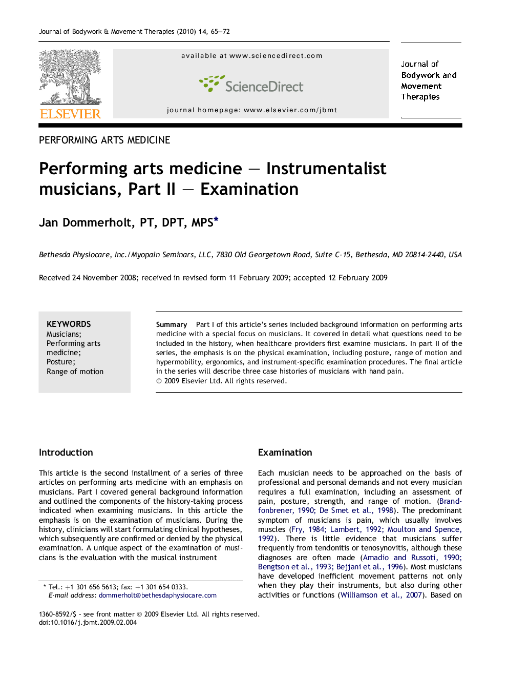 Performing arts medicine – Instrumentalist musicians, Part II – Examination