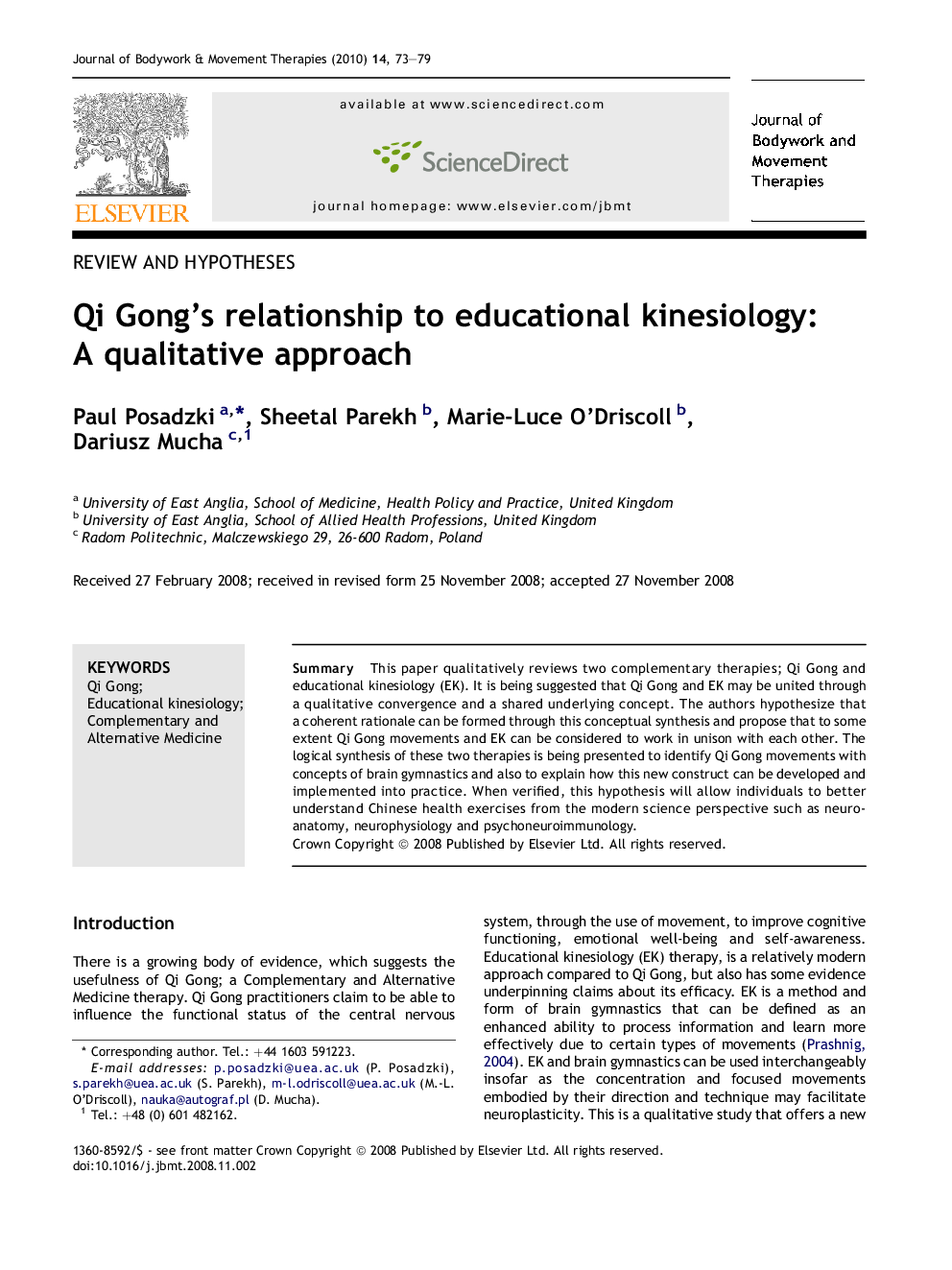 Qi Gong's relationship to educational kinesiology: A qualitative approach