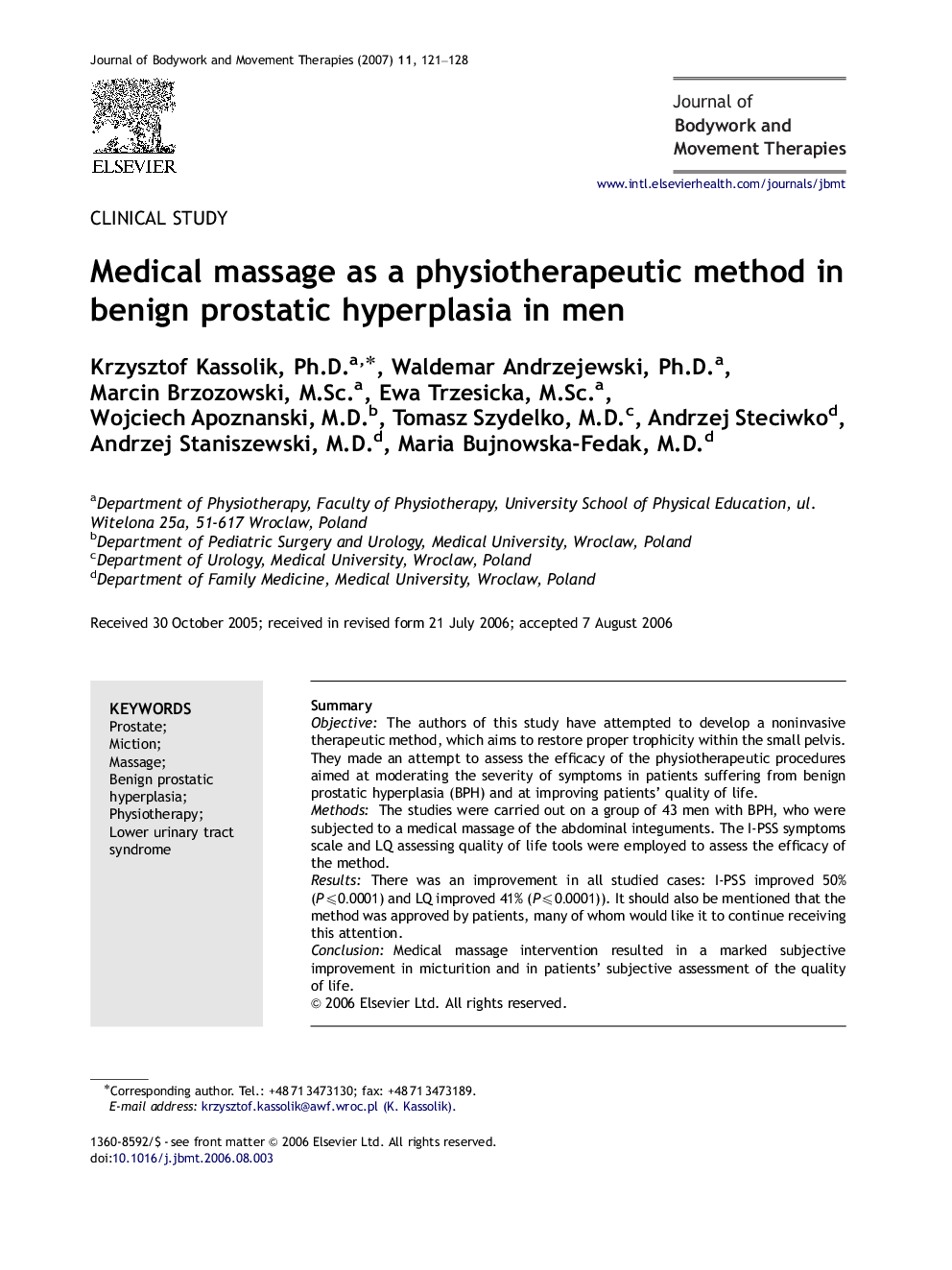 Medical massage as a physiotherapeutic method in benign prostatic hyperplasia in men