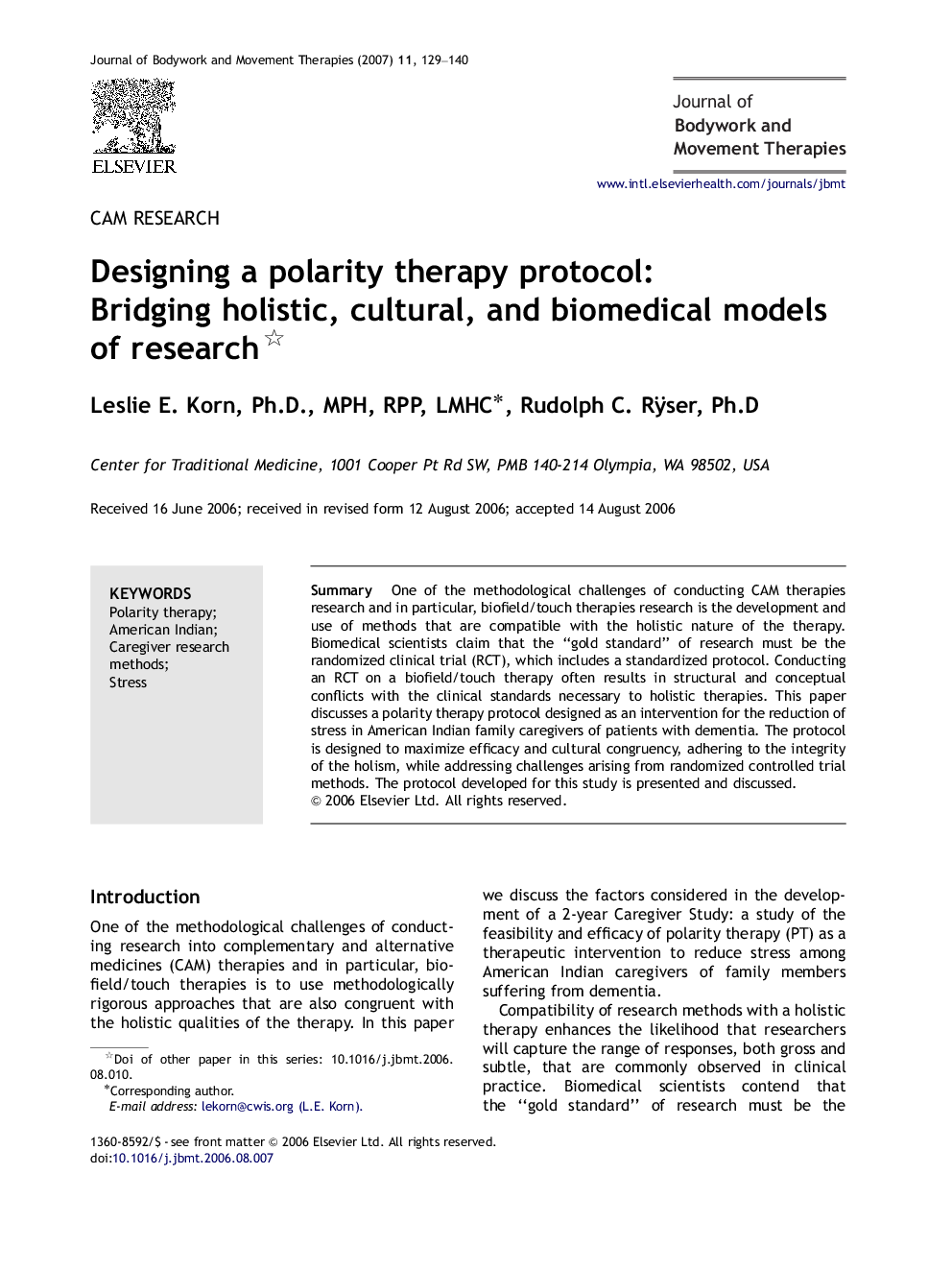 Designing a polarity therapy protocol: Bridging holistic, cultural, and biomedical models of research 