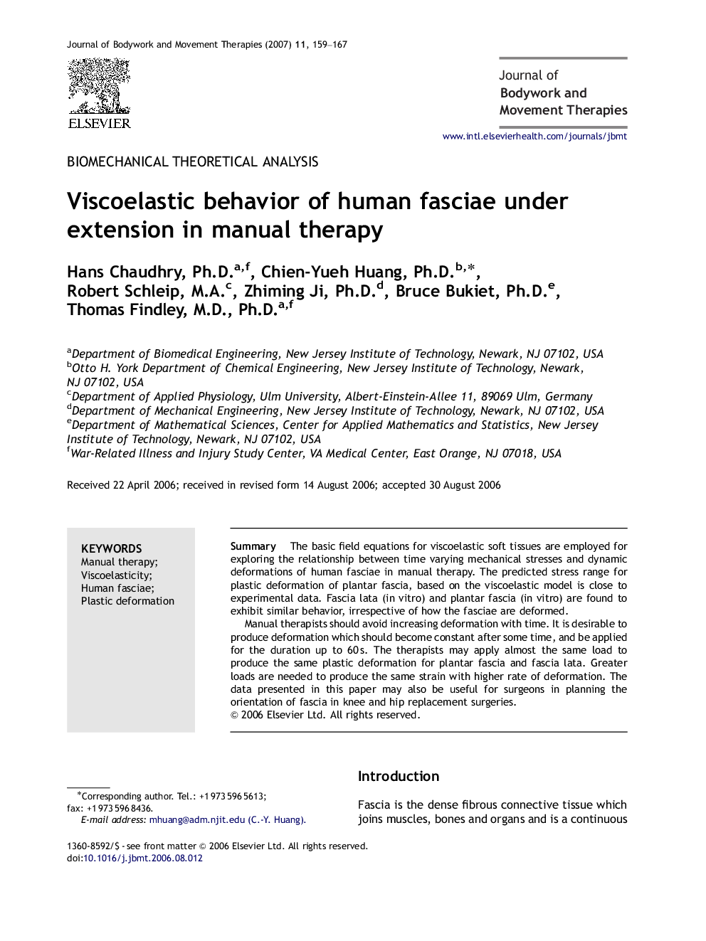 Viscoelastic behavior of human fasciae under extension in manual therapy