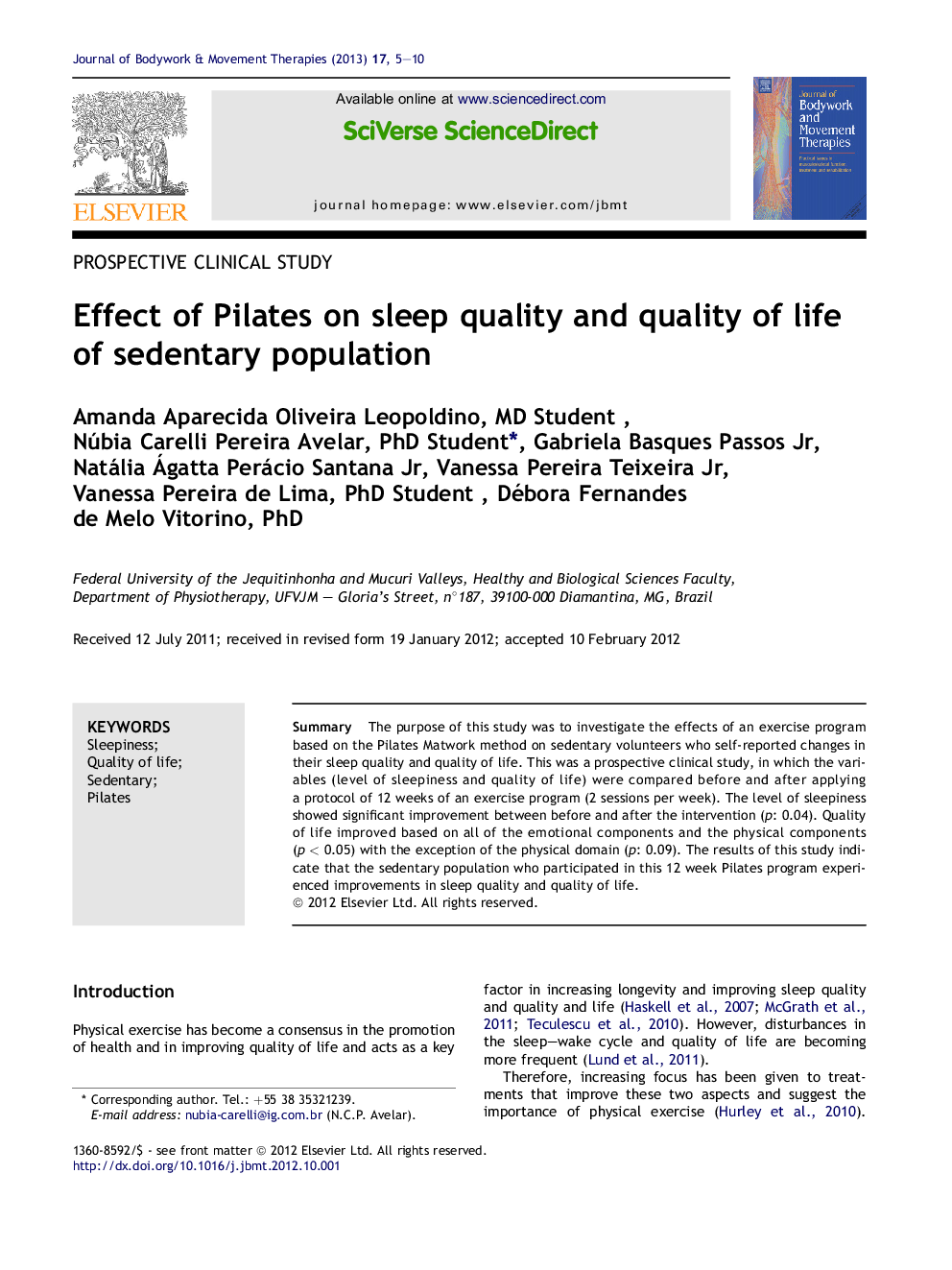 Effect of Pilates on sleep quality and quality of life of sedentary population