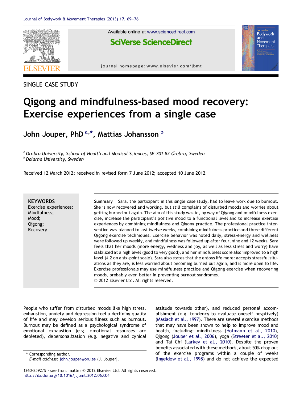 Qigong and mindfulness-based mood recovery: Exercise experiences from a single case