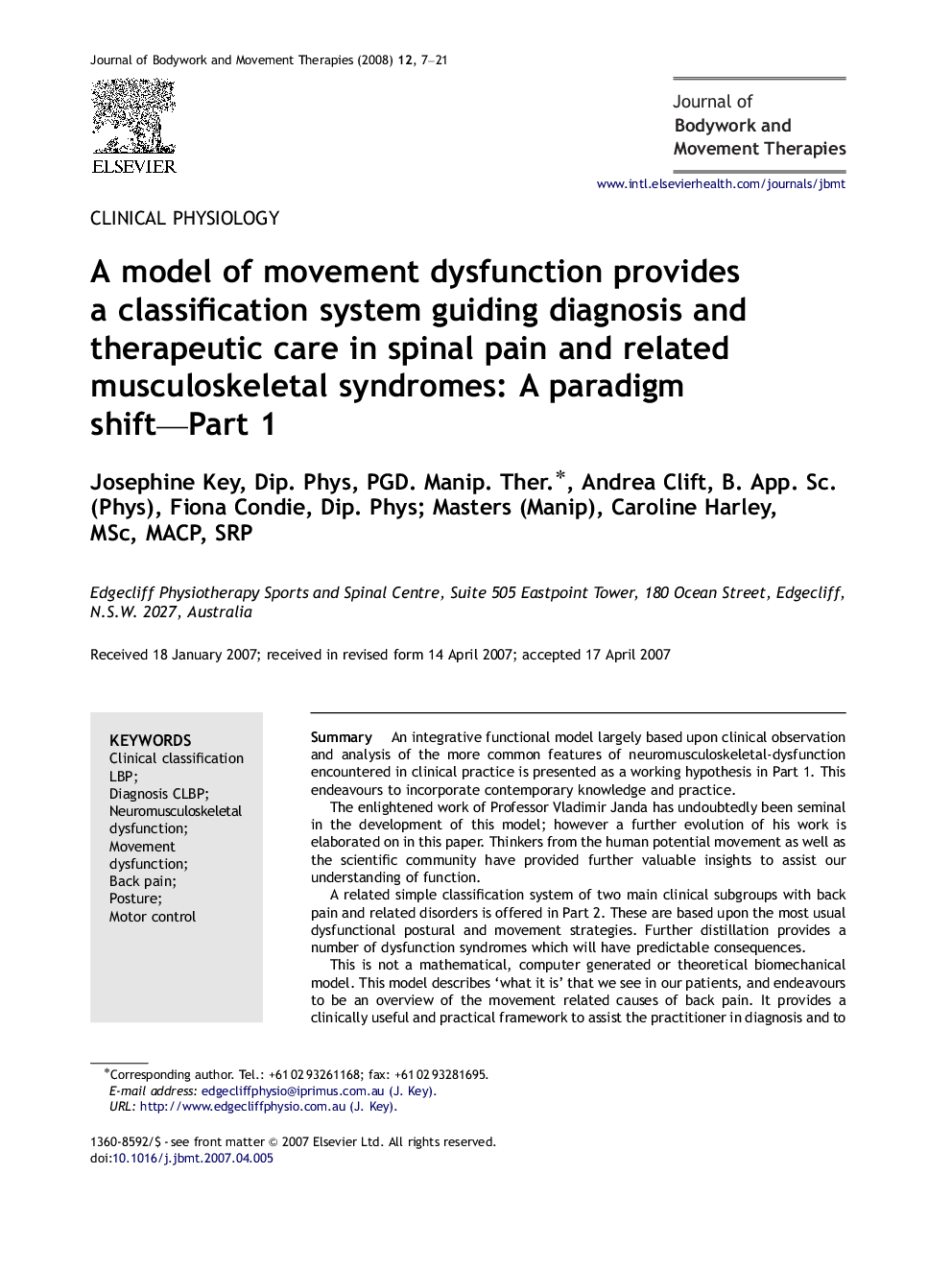 A model of movement dysfunction provides a classification system guiding diagnosis and therapeutic care in spinal pain and related musculoskeletal syndromes: A paradigm shift—Part 1