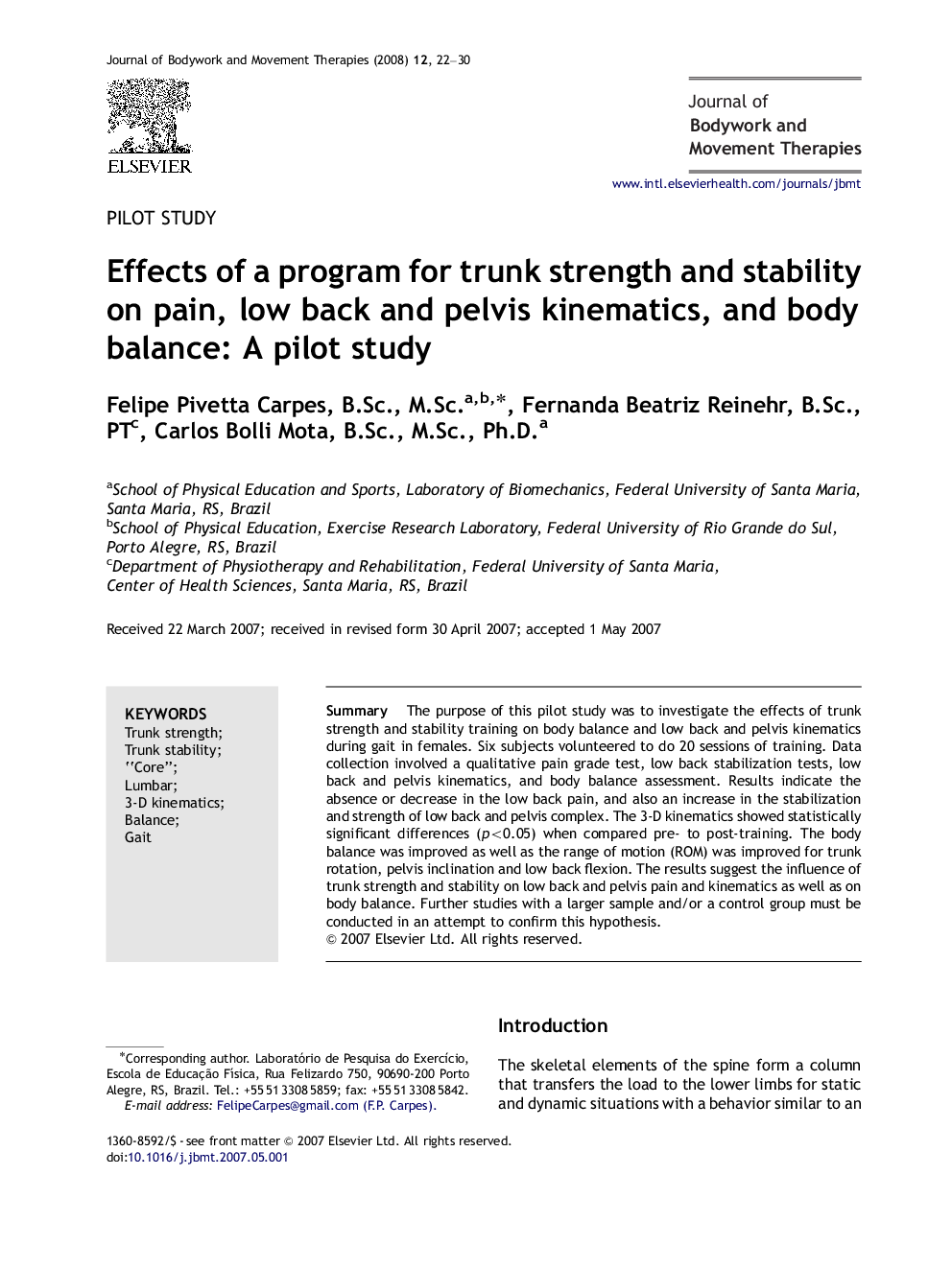 Effects of a program for trunk strength and stability on pain, low back and pelvis kinematics, and body balance: A pilot study