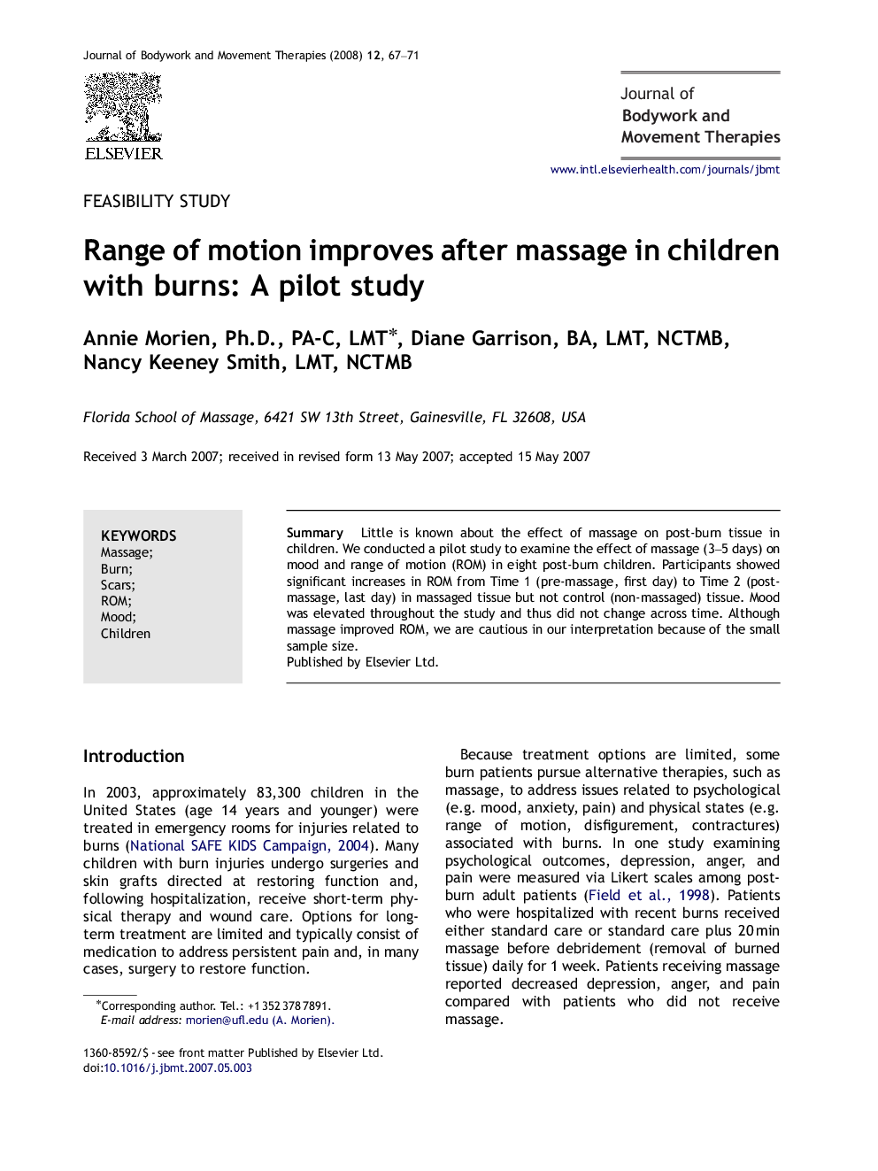 Range of motion improves after massage in children with burns: A pilot study