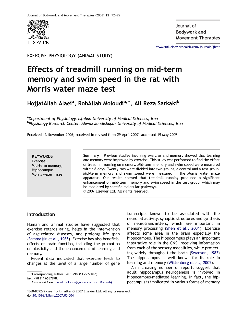 Effects of treadmill running on mid-term memory and swim speed in the rat with Morris water maze test