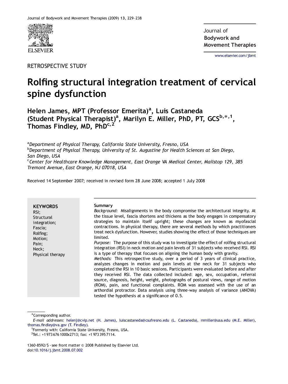 Rolfing structural integration treatment of cervical spine dysfunction