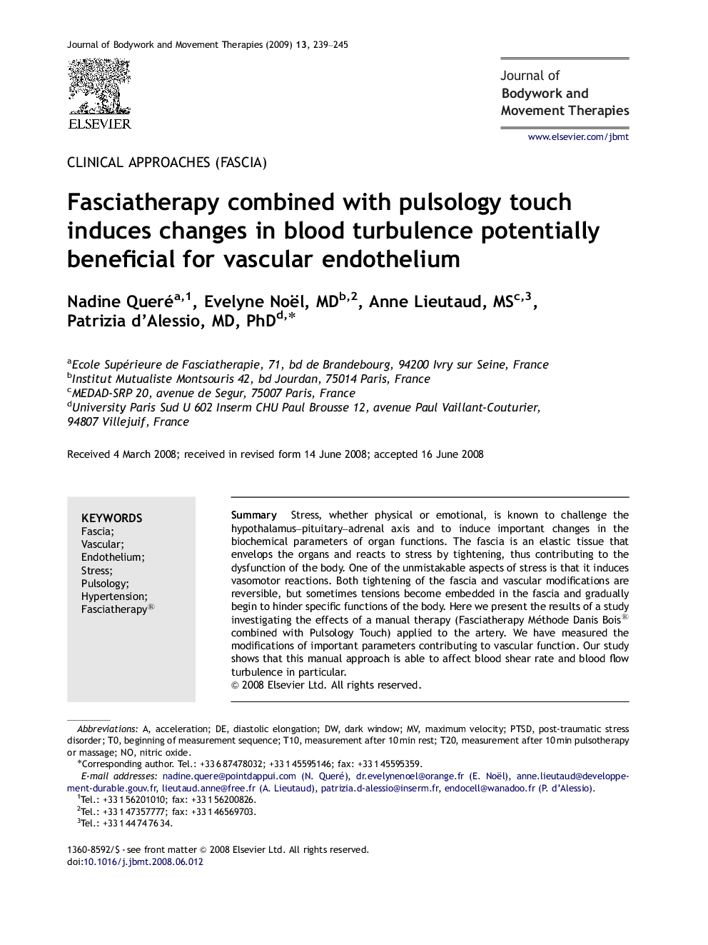 Fasciatherapy combined with pulsology touch induces changes in blood turbulence potentially beneficial for vascular endothelium