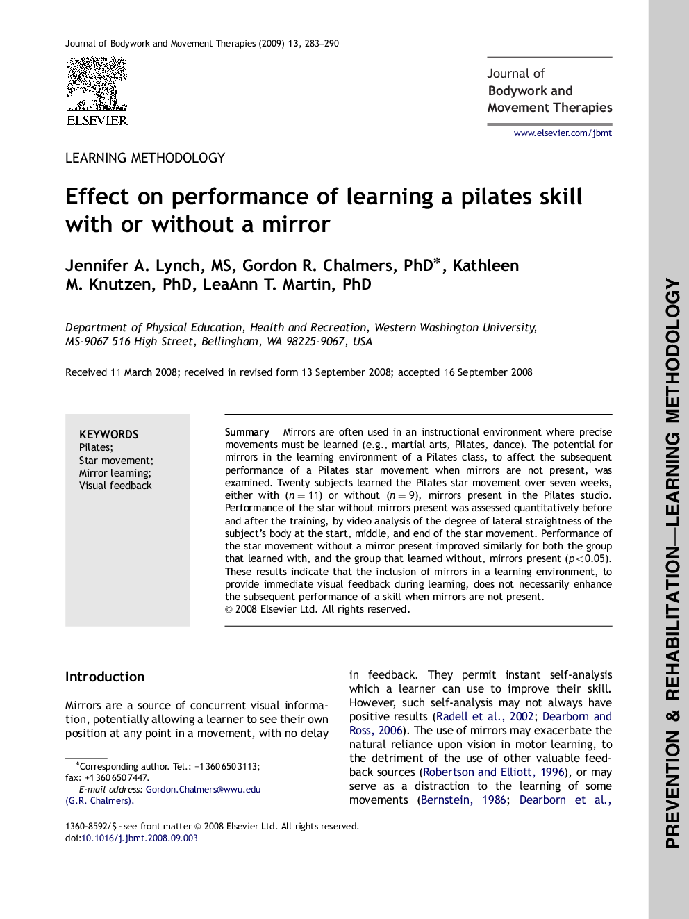 Effect on performance of learning a pilates skill with or without a mirror