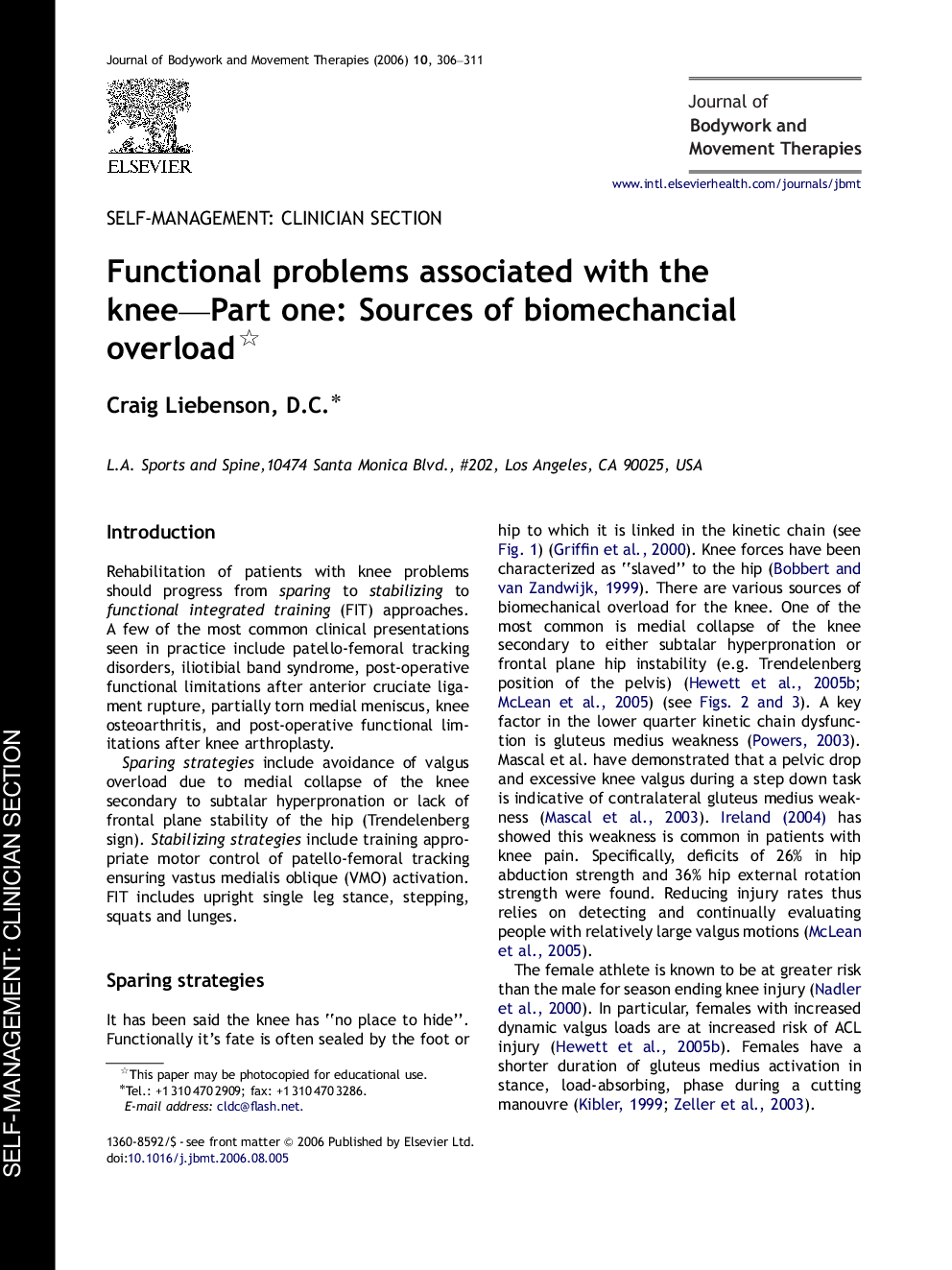 Functional problems associated with the knee-Part one: Sources of biomechancial overload