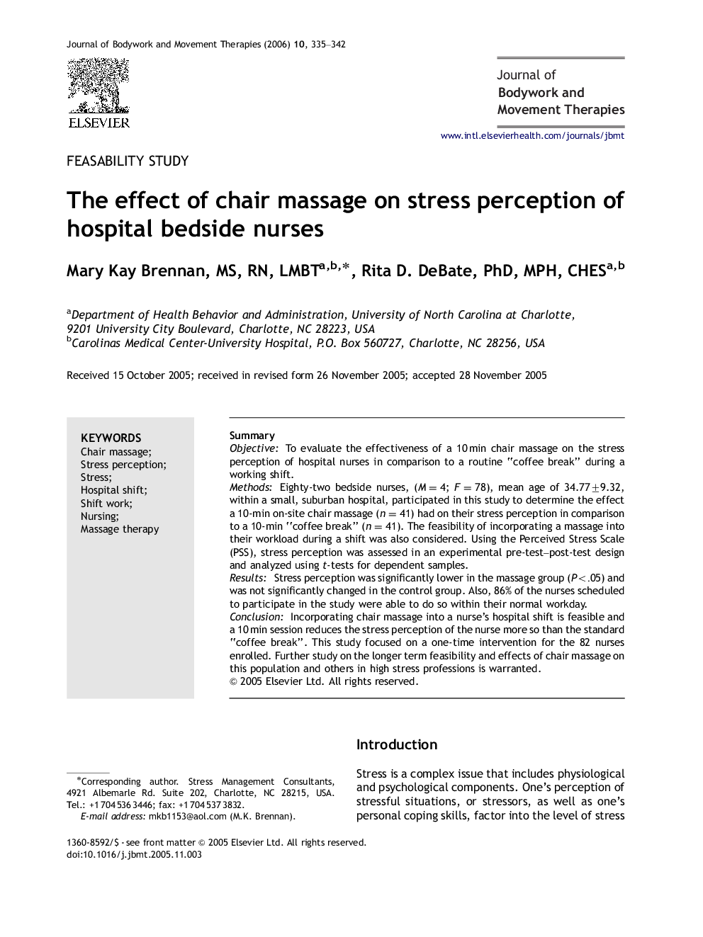 The effect of chair massage on stress perception of hospital bedside nurses