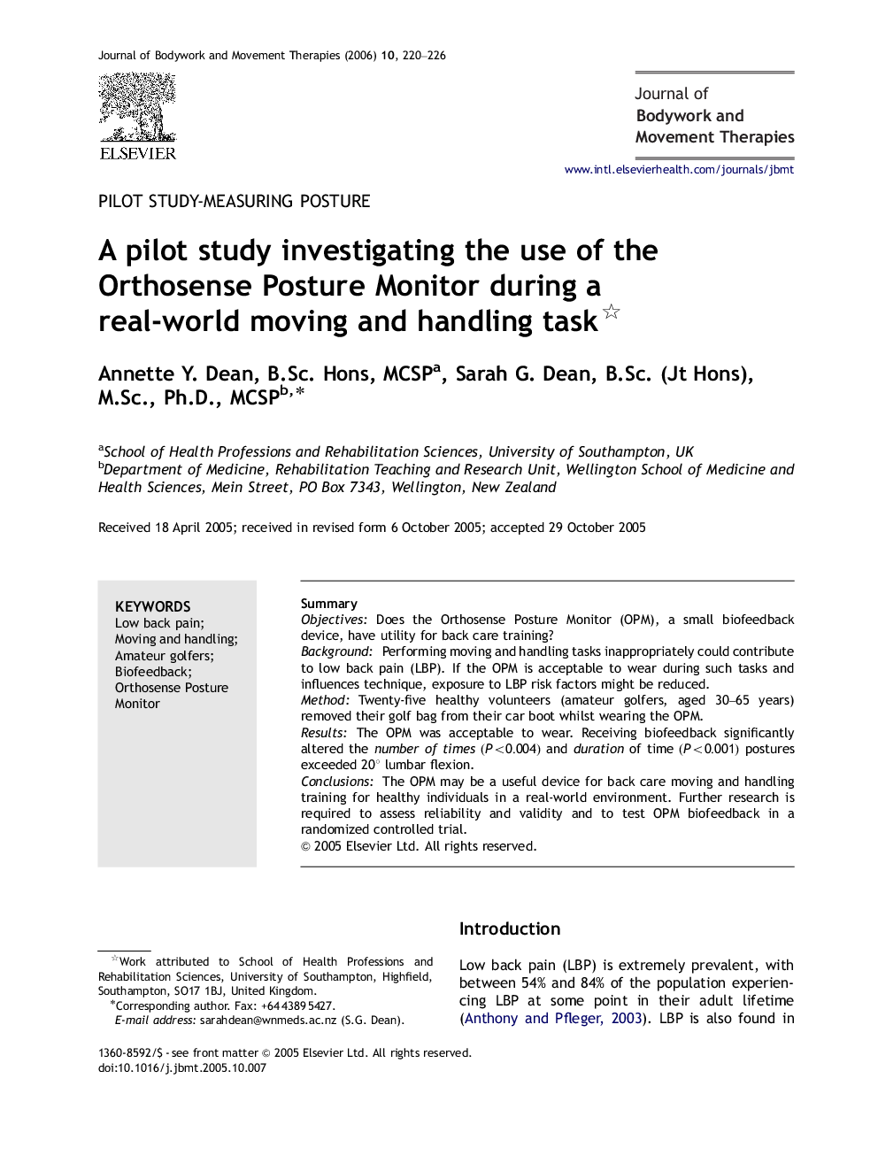 A pilot study investigating the use of the Orthosense Posture Monitor during a real-world moving and handling task 