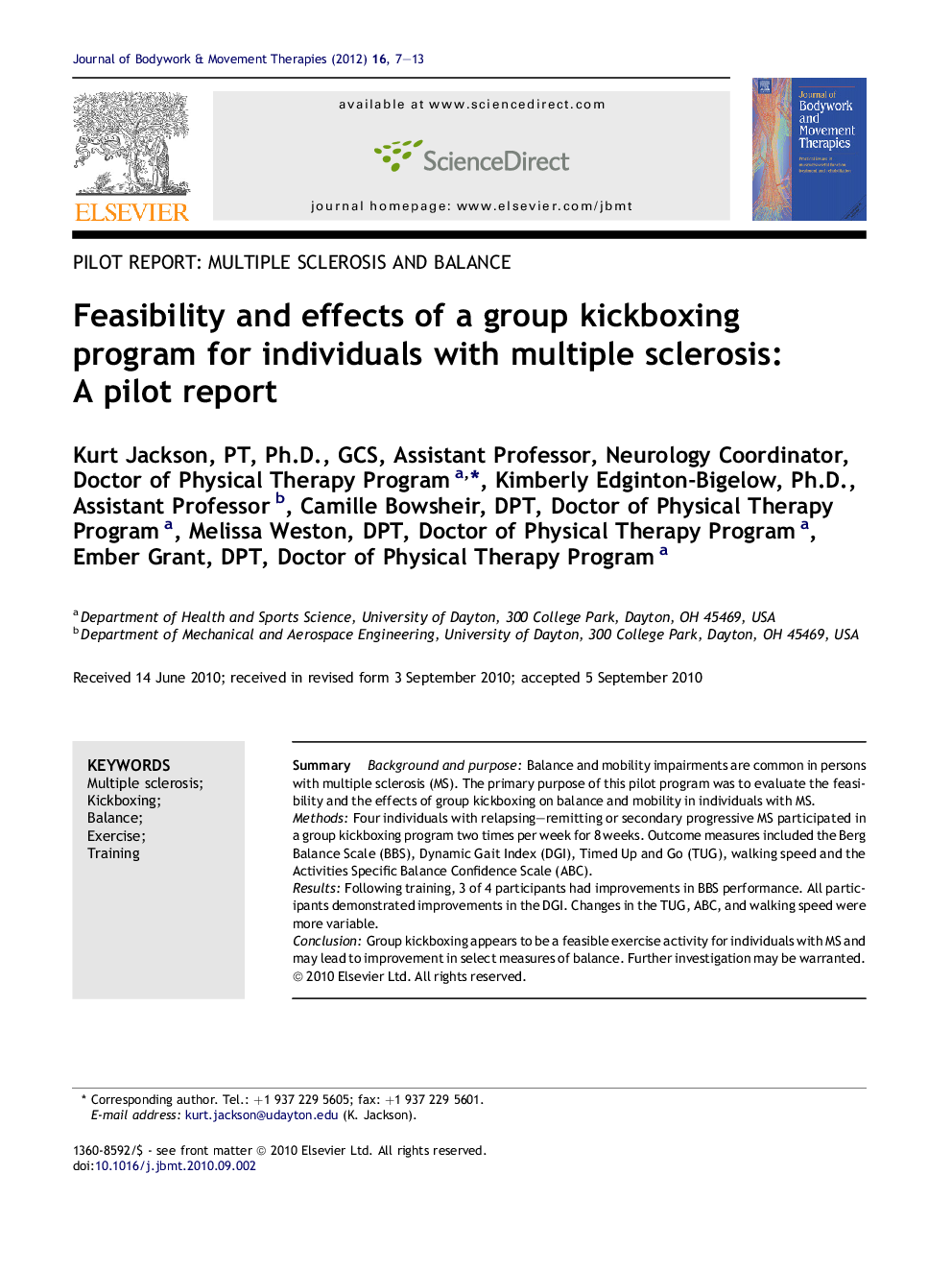 Feasibility and effects of a group kickboxing program for individuals with multiple sclerosis: A pilot report