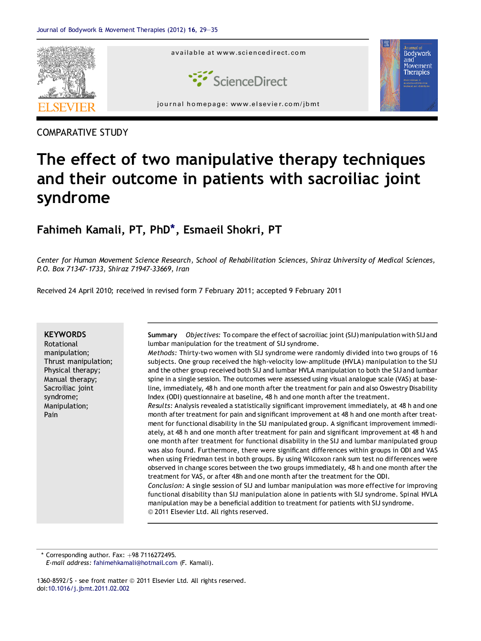 The effect of two manipulative therapy techniques and their outcome in patients with sacroiliac joint syndrome