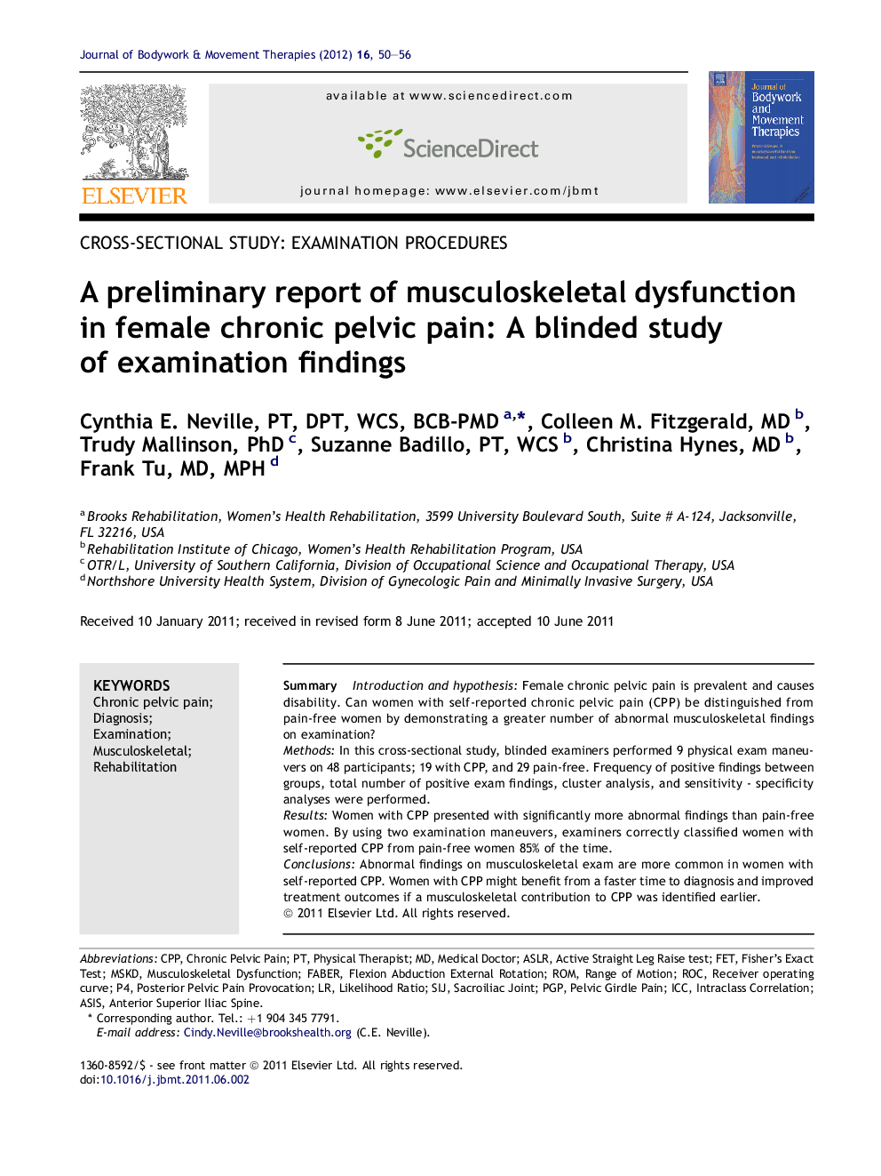 A preliminary report of musculoskeletal dysfunction in female chronic pelvic pain: A blinded study of examination findings