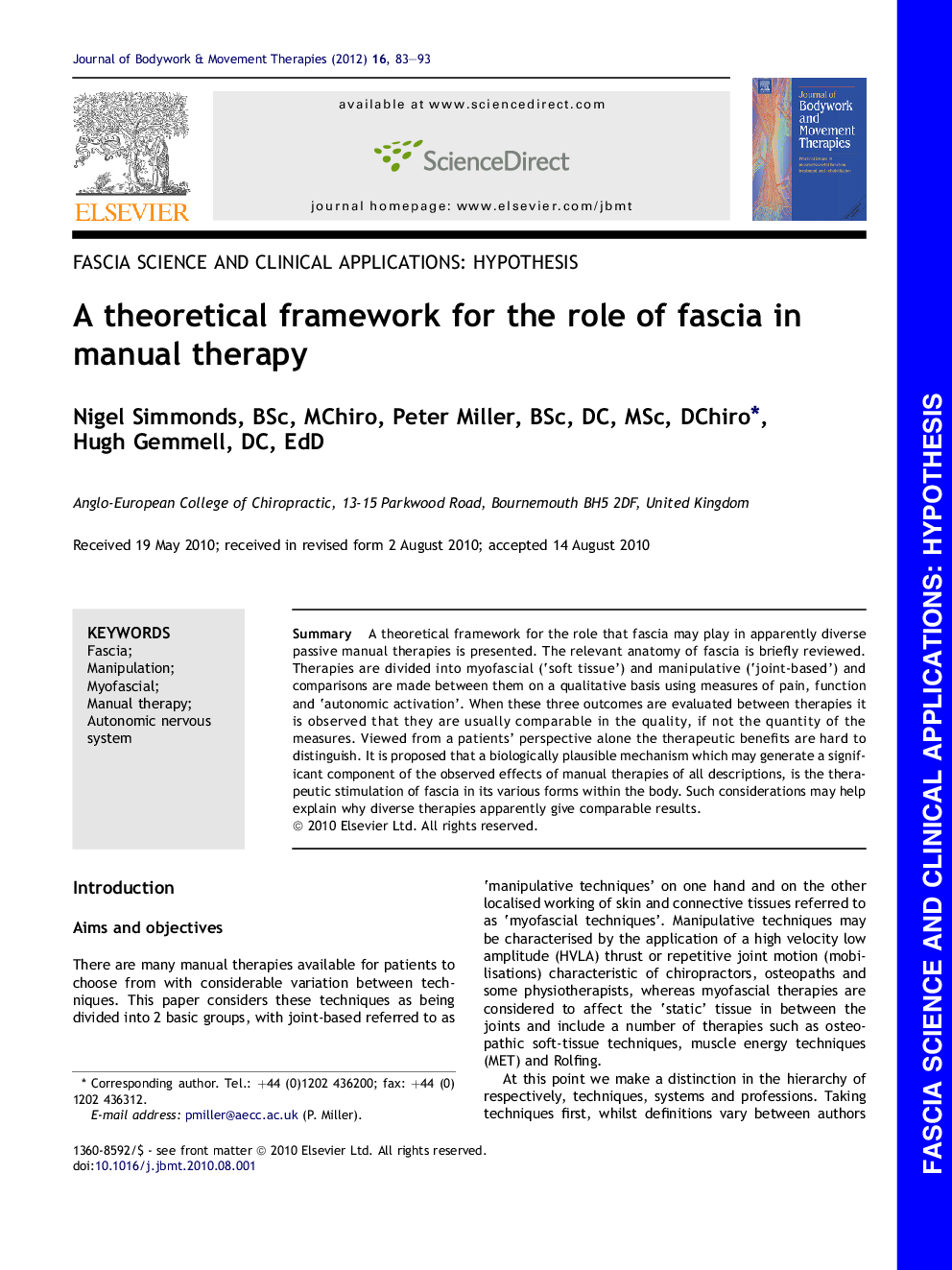 A theoretical framework for the role of fascia in manual therapy