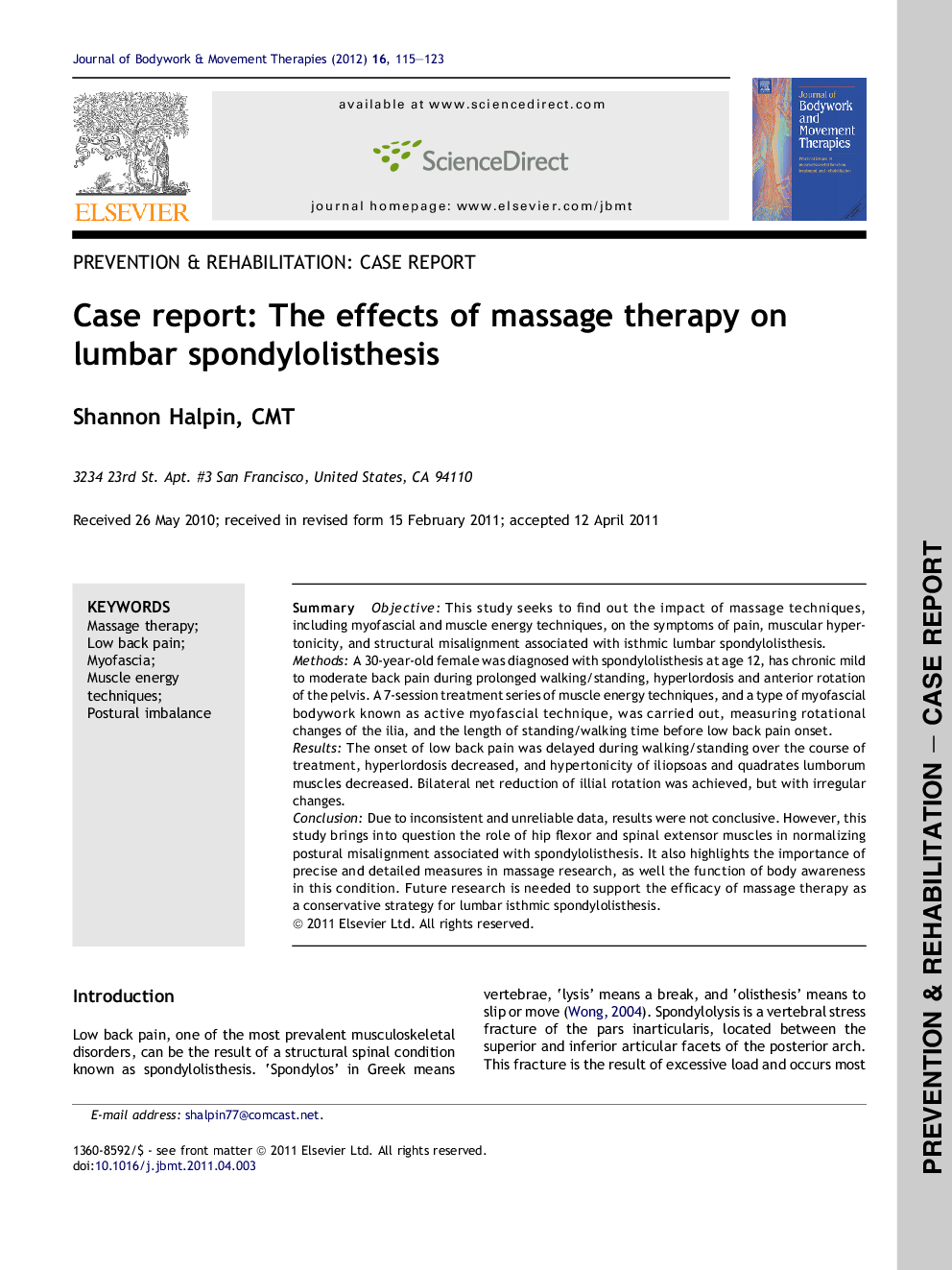 Case report: The effects of massage therapy on lumbar spondylolisthesis